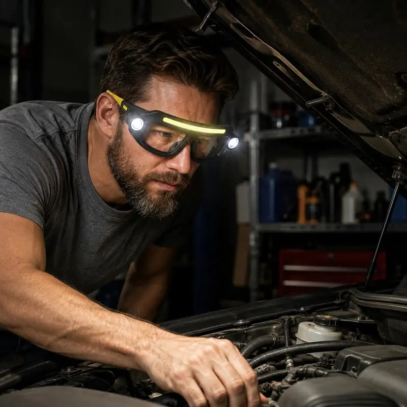 Man working under the hood hands-free with BeamSpecs LED light glasses