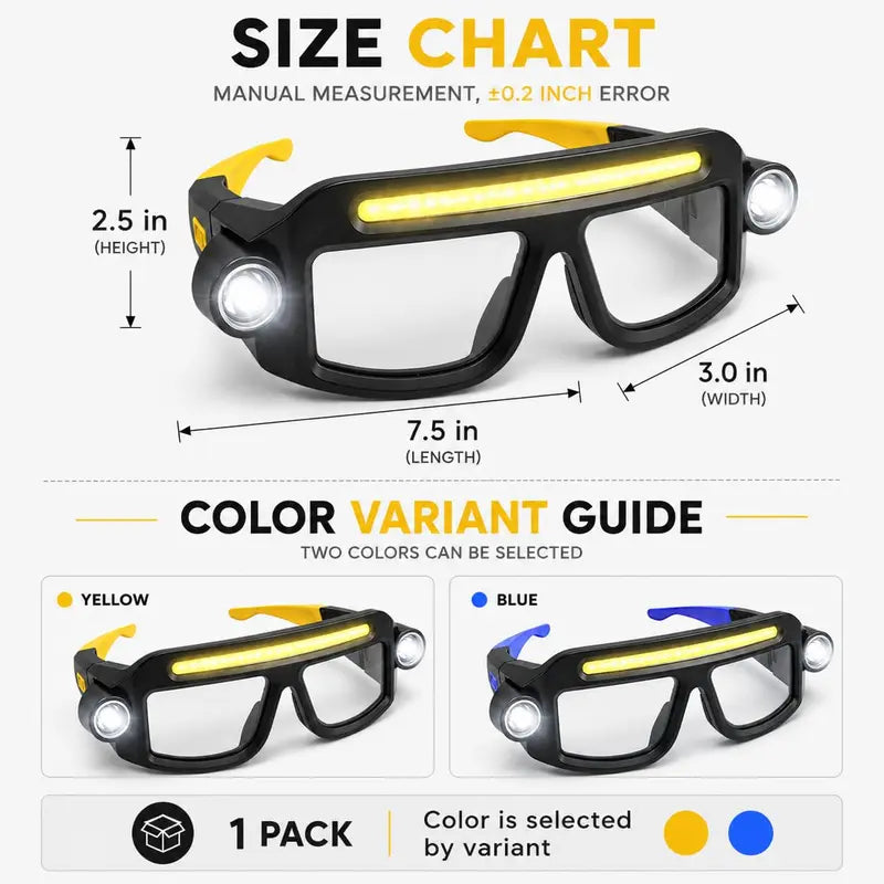 BeamSpecs size chart and Yellow / Blue colors
