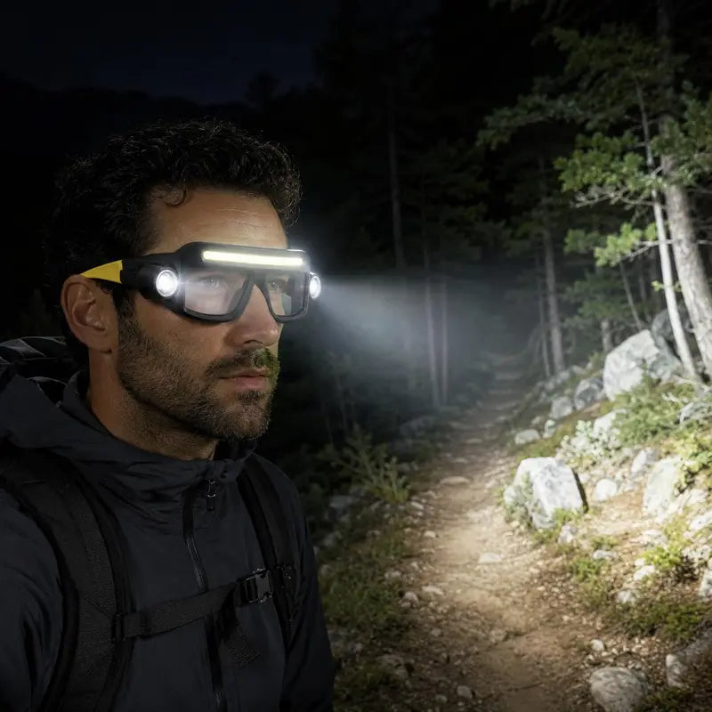 Man on a dark trail lit by BeamSpecs